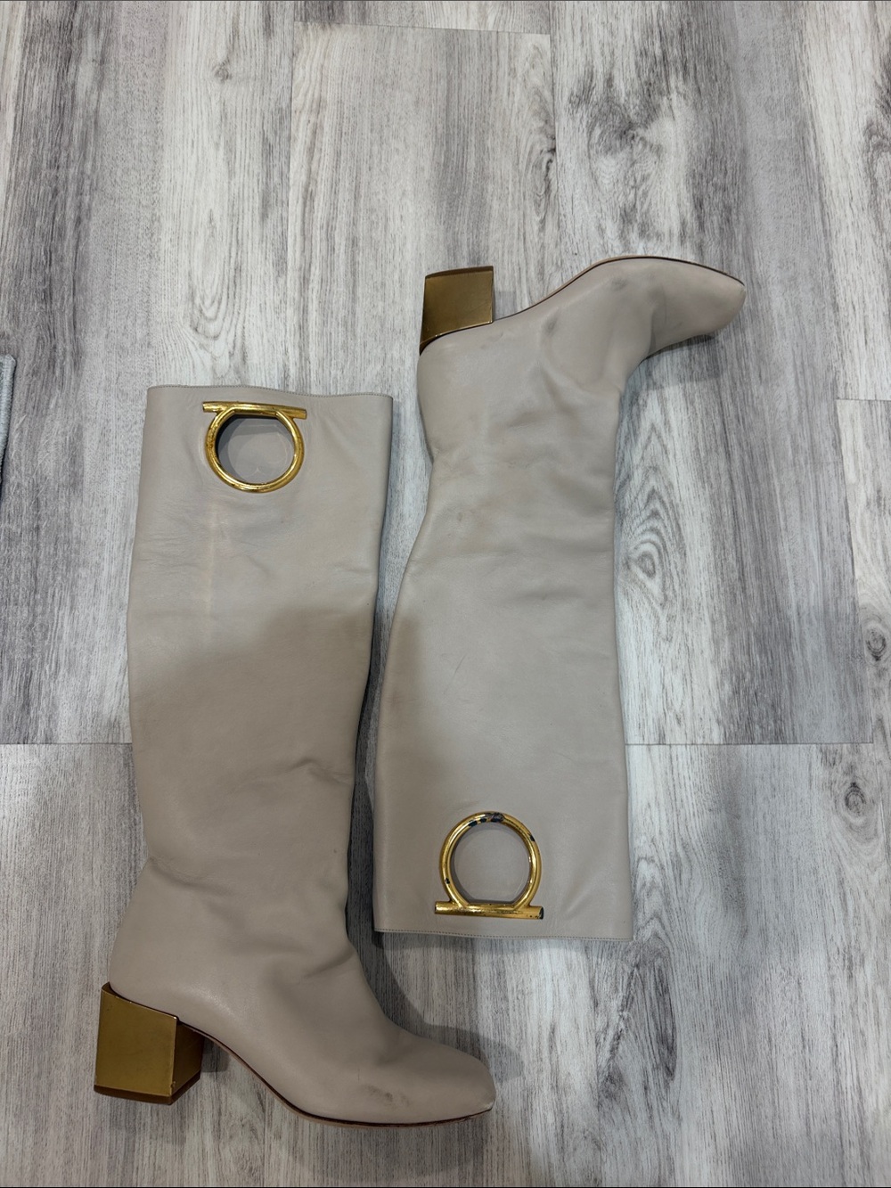 Salvatore Ferragamo Mirror Heel Gancini over the knee cream boots size 7.5